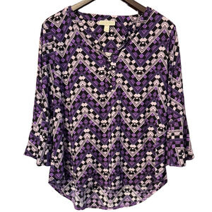 Dana Buchman Purple and Black Chevron Blouse with Bell Cuffs Size L